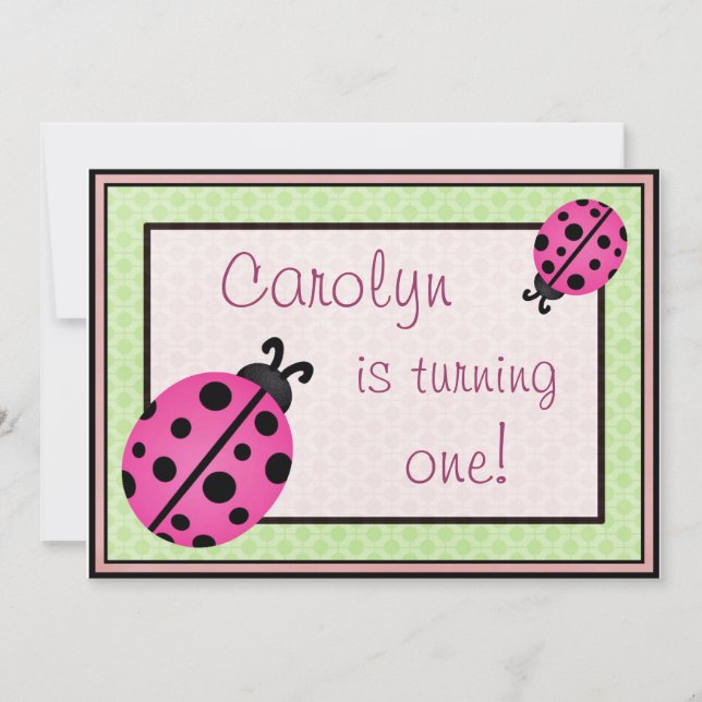 Pink Ladybug Baby Girl Birthday Party Invite Green (Front)