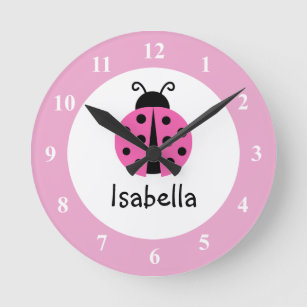 Pink ladybug baby name nursery room wall clock