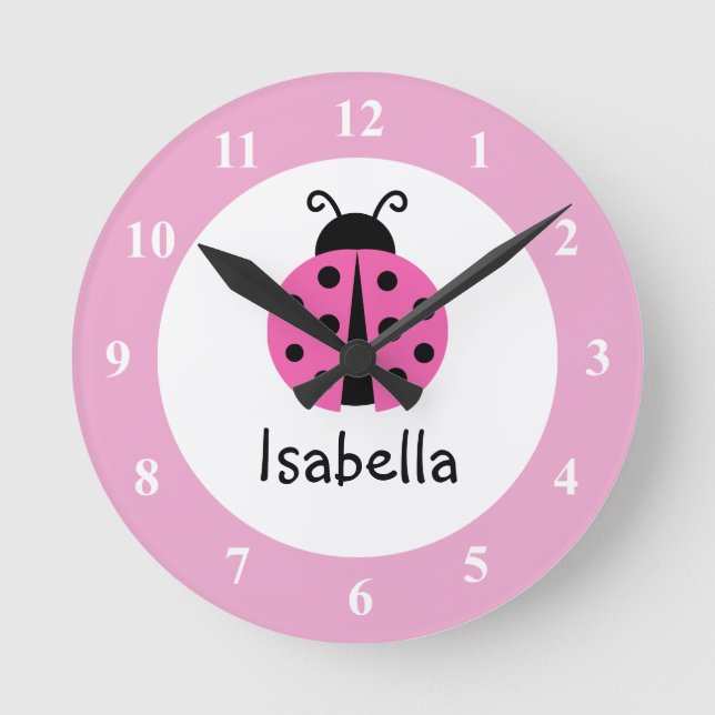 Pink ladybug baby name nursery room wall clock (Front)