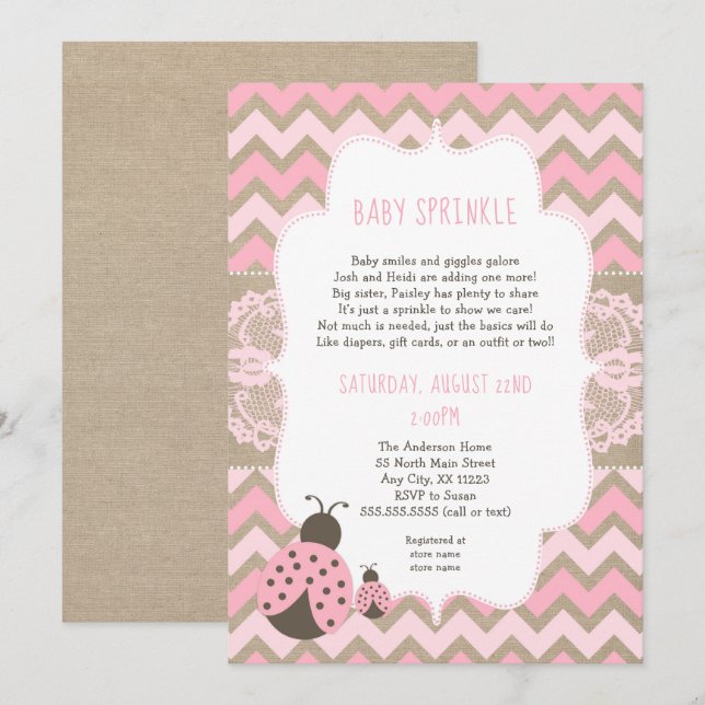 Pink Ladybug Baby Sprinkle, girl baby shower Invitation (Front/Back)