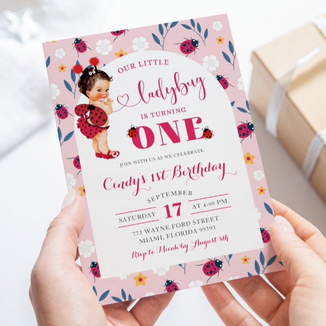 Pink Ladybug Brown Hair girl First Birthday Invitation (Creator Uploaded)