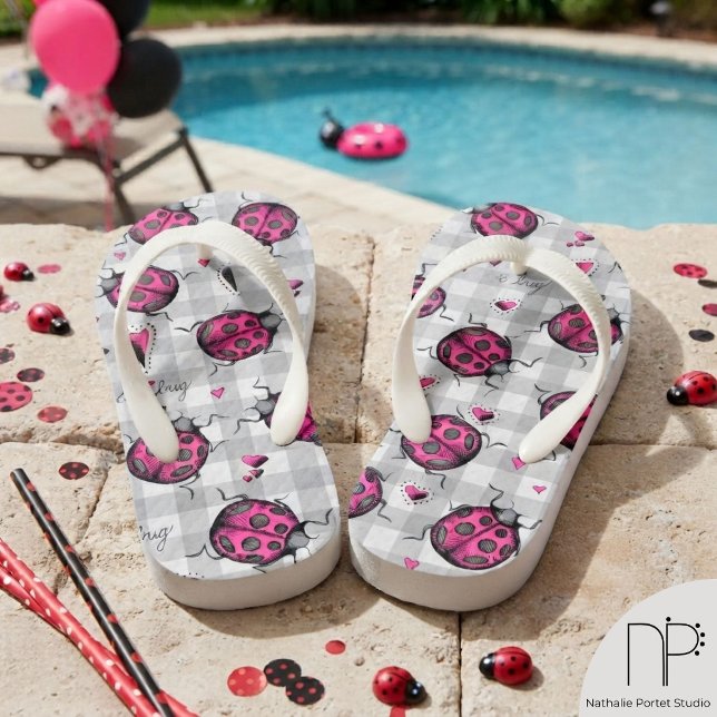Pink Ladybug Gingham Kids Flip Flops  (Pink ladybug gingham kids flip flops featuring hand-drawn chic noir fine line ink art.)