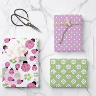Pink Ladybug Matching Patterns Wrapping Paper Sheet