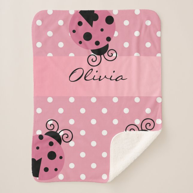 Pink Ladybug Personalised Sherpa Blanket (Front)