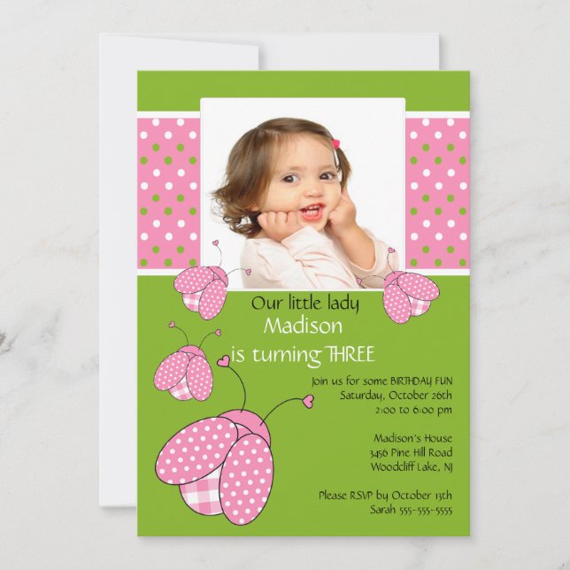 Pink ladybug Photo Birthday Invitation (Front)