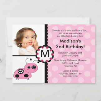 Pink Ladybug Photo Birthday Invitation