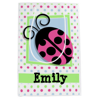Pink Ladybug, Pink, Blue, Green, Polka Dots Medium Gift Bag