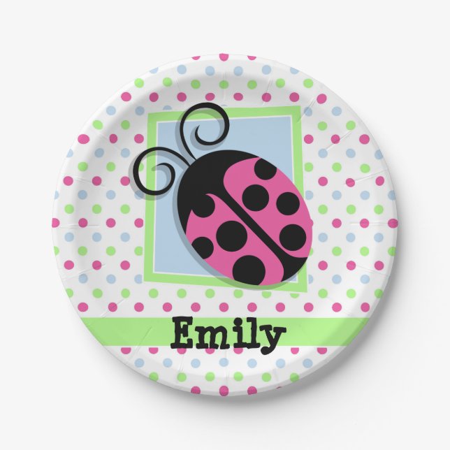 Pink Ladybug, Pink, Blue, Green, Polka Dots Paper Plate (Front)