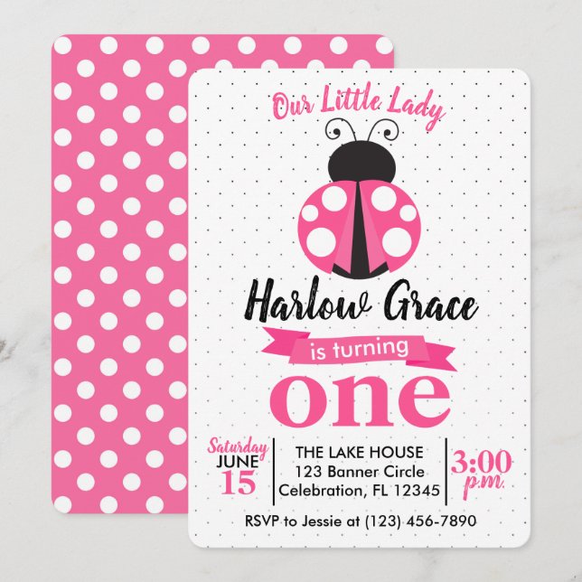 Pink Ladybug Polka Dots Girls Birthday Invitation (Front/Back)