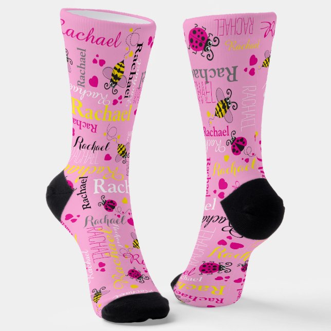 Pink ladybugs bees and hearts girls custom name socks (Angled)