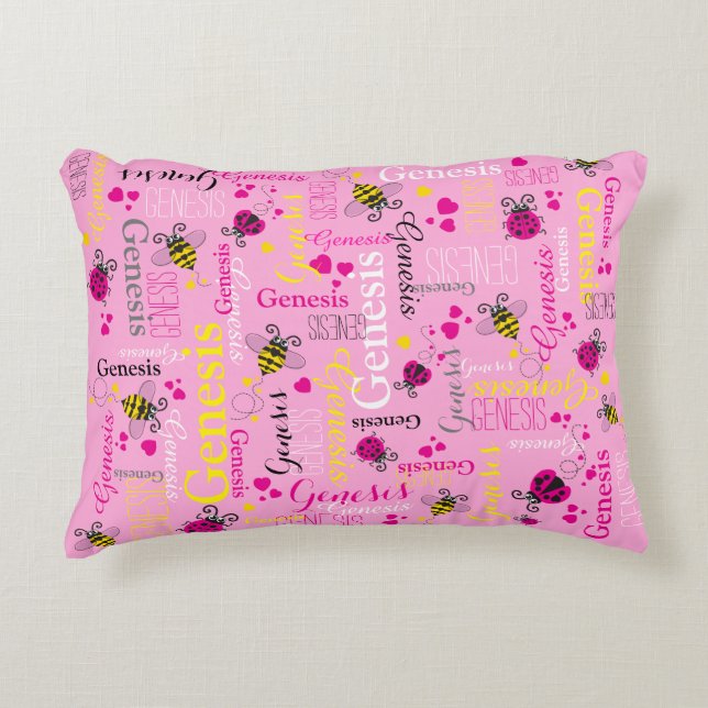 Pink ladybugs bees hearts girls custom name decorative cushion (Front)