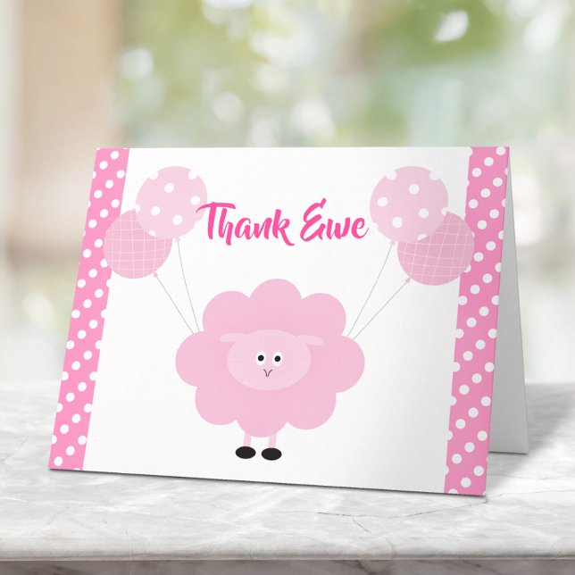 Pink Lamb Balloons Girl Baby Shower Cute Sweet Thank You Card (Creator Uploaded)