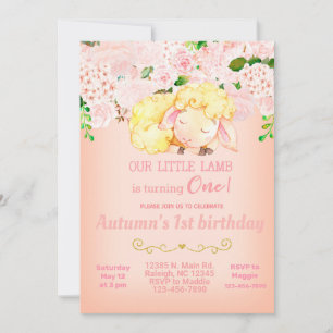 Pink Lamb Girl 1st first birthday invitation. Invitation