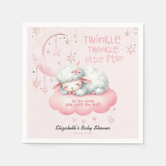 Pink Lamb Twinkle Twinkle Girl Baby Shower Napkin (Front)