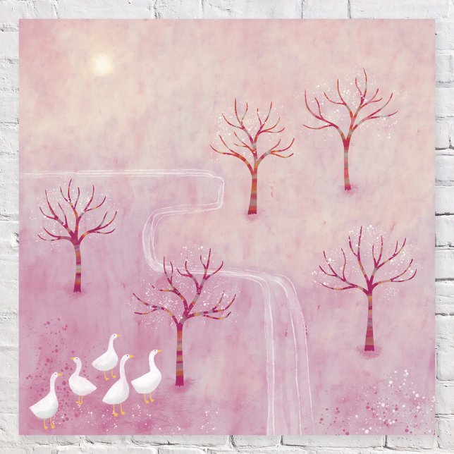Pink Landscape Painting Poster (Modern pink orchard landscape with trees and geese by Nic Squirrell)