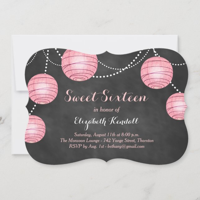 Pink Lanterns on Chalk Sweet Sixteen Invitation (Front)