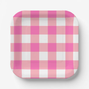 Pink Large Gingham Plaid Checks Paper Plate