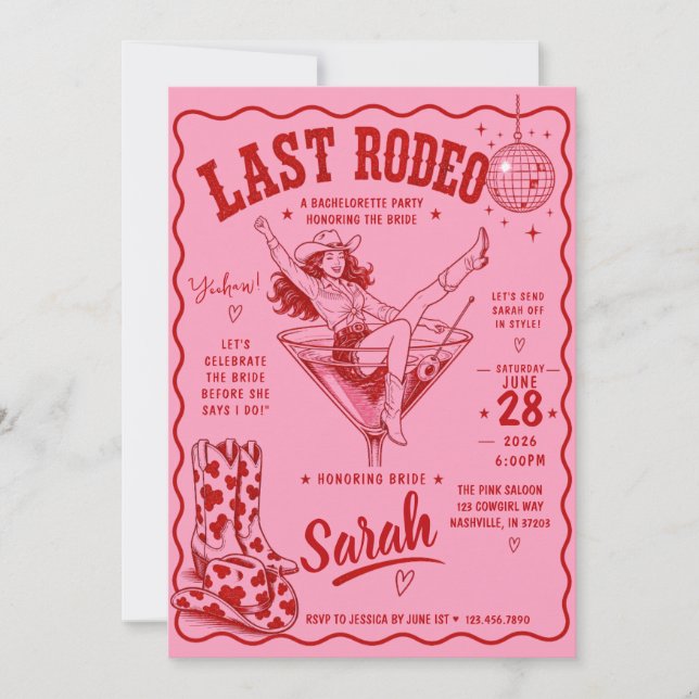 Pink Last Rodeo Weekend Bachelorette Party Invitation (Front)