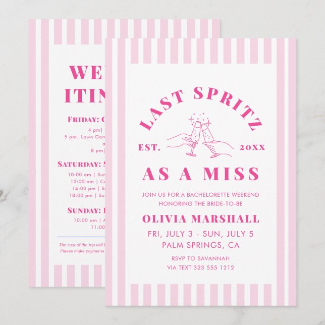 Pink Last Spritz as a Miss Bachelorette Weekend Invitation (Front/Back)