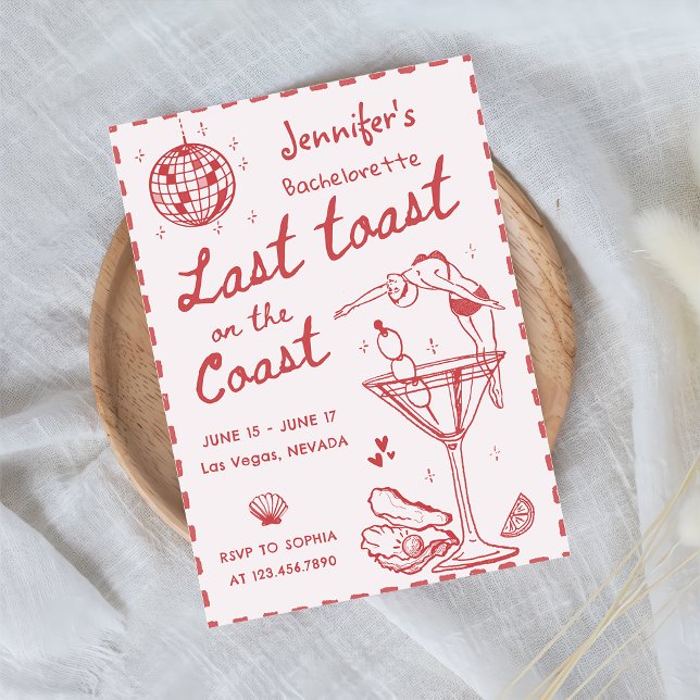Pink Last Toast On The Coast Bachelorette Weekend Invitation (Creator Uploaded)