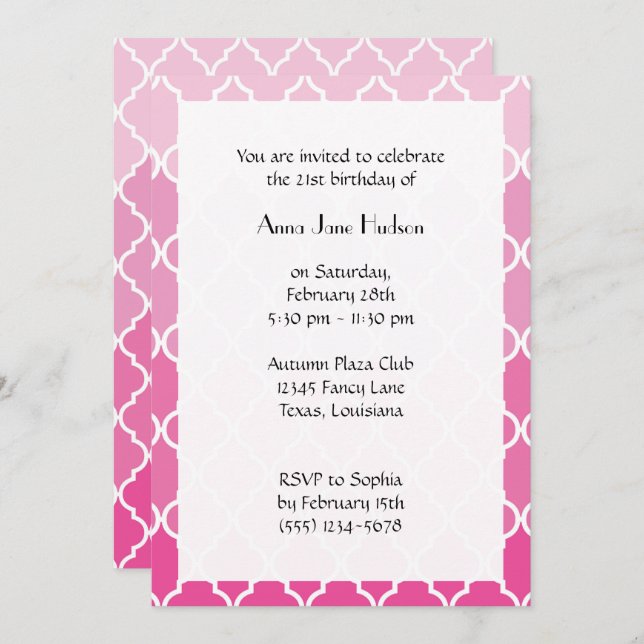 Pink Latticework, Moroccan Trellis, Birthday Invitation (Front/Back)