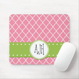 Pink Latticework, Quatrefoil, Trellis, Monogram Mouse Pad