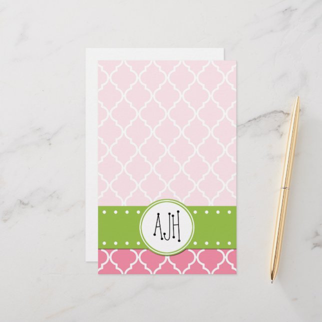 Pink Latticework, Quatrefoil, Trellis, Monogram Stationery (Front/Back In Situ)