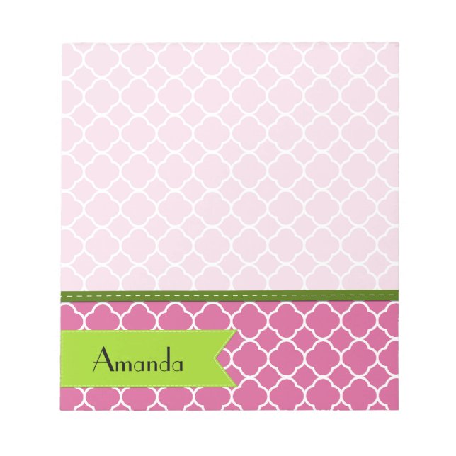 Pink Latticework, Quatrefoil, Trellis, Your Name Notepad (Front)