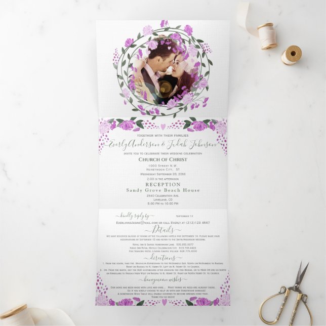 Pink Lavender and Purple Peony Floral Wedding Tri-Fold Invitation (Inside)