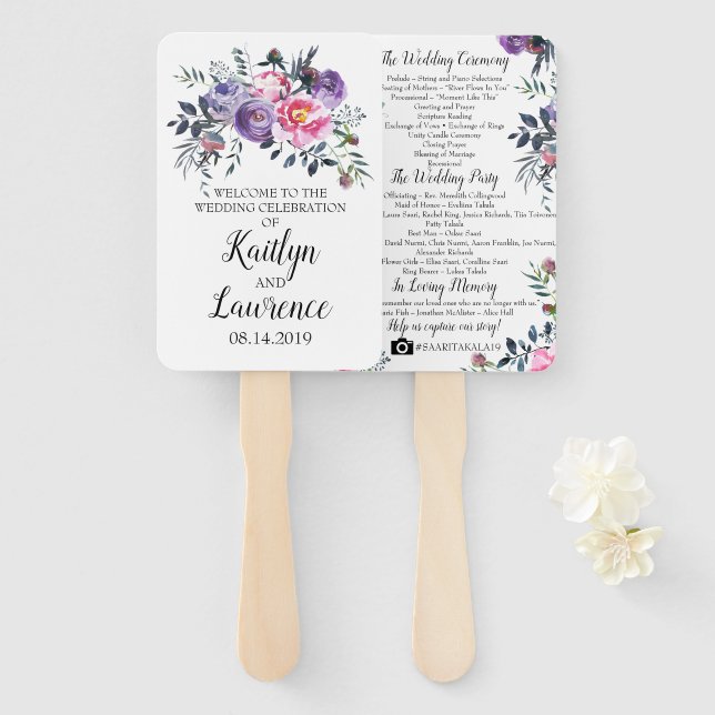 Pink Lavender Blooms Wedding Program Hand Fan (Front and Back)