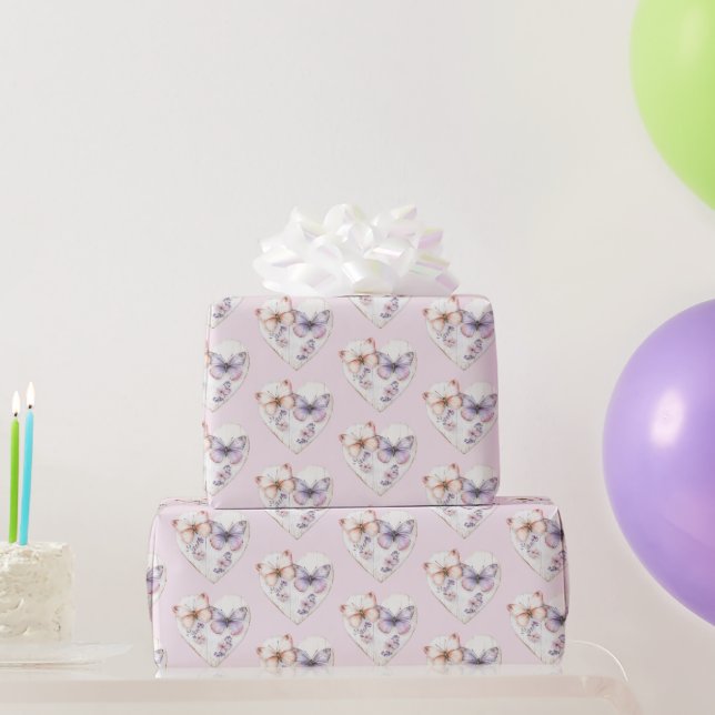 Pink Lavender Floral Heart Butterflies Birthday Wrapping Paper (Party Gifts)