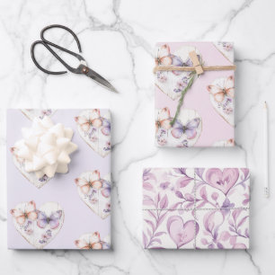 Pink Lavender Floral Heart Butterflies Birthday Wrapping Paper Sheet