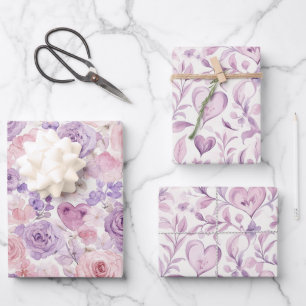 Pink Lavender Floral Hearts Birthday Wrapping Paper Sheet