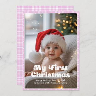 Pink Lavender Gingham My First Christmas Baby Holiday Card
