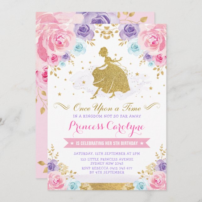 Pink Lavender Gold Princess Cinderella Birthday Invitation (Front/Back)