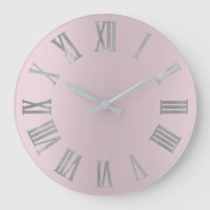 Pink Lavender Grey Minimal Metallic Roman Numers Large Clock