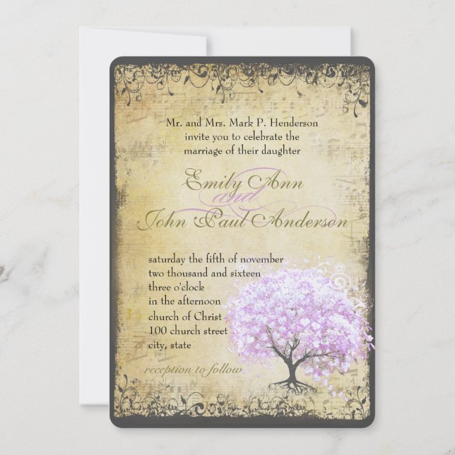 Pink Lavender Heart Leaf Lavender Tree Wedding Invitation (Back)