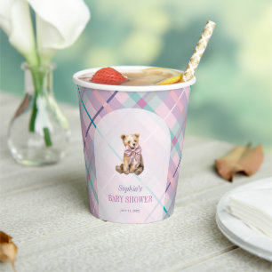 Pink & Lavender Plaid Teddy Bear Baby Shower Paper Cups