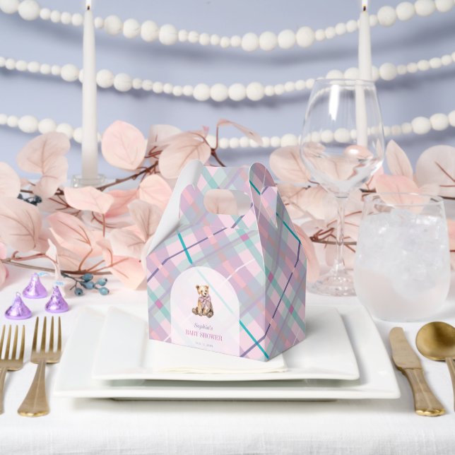 Pink & Lavender Plaid Teddy Bear Girl Baby Shower Favour Box (Wedding)