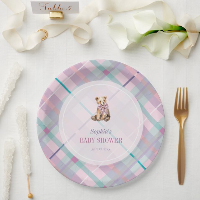 Pink & Lavender Plaid Teddy Bear Girl Baby Shower Paper Plate (Wedding)
