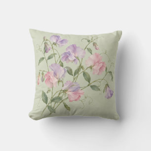 Pink Lavender Sweet Peas Sage Botanical Watercolor Cushion