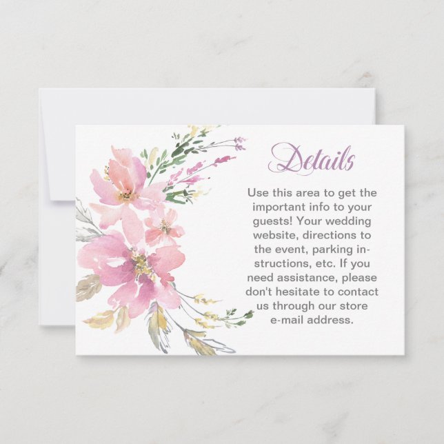 Pink Lavender Watercolor Floral Wedding Detail RSVP Card (Front)