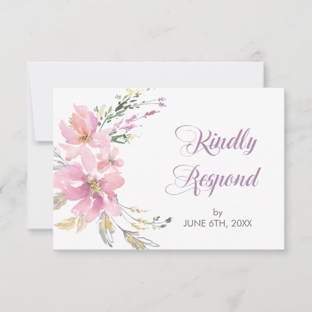 Pink Lavender Watercolor Floral Wedding RSVP Card (Front)