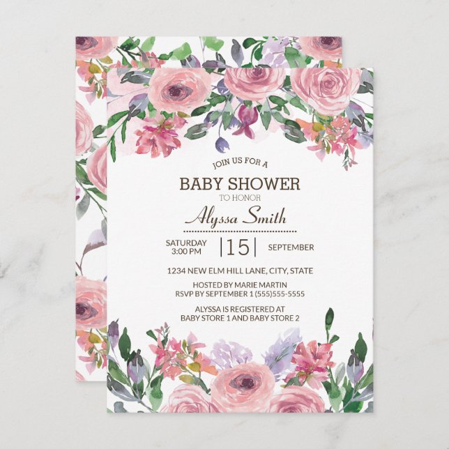 Pink Lavender Watercolor Spring Floral Baby Shower Invitation (Front/Back)