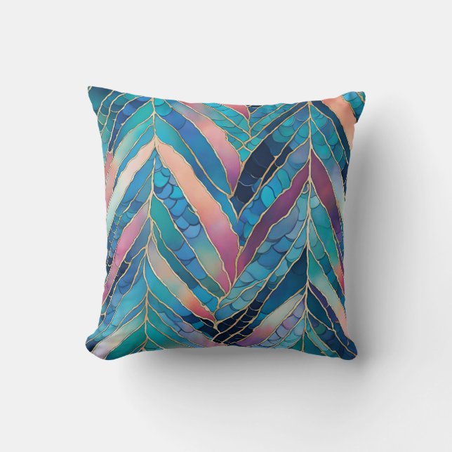 Pink Leaf And Mermaid Scales Pattern Cushion (Front)