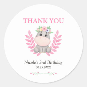 Pink Leaf Cute Hippo Floral Birthday Thank You Classic Round Sticker
