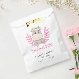 Pink Leaf Cute Hippo Floral Birthday Thank You Favour Bags