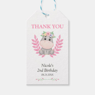 Pink Leaf Cute Hippo Floral Birthday Thank You Gift Tags