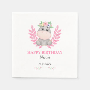 Pink Leaf Cute Hippo Floral Happy Birthday Napkin