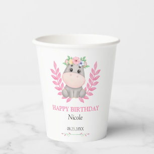 Pink Leaf Cute Hippo Floral Happy Birthday Paper Cups